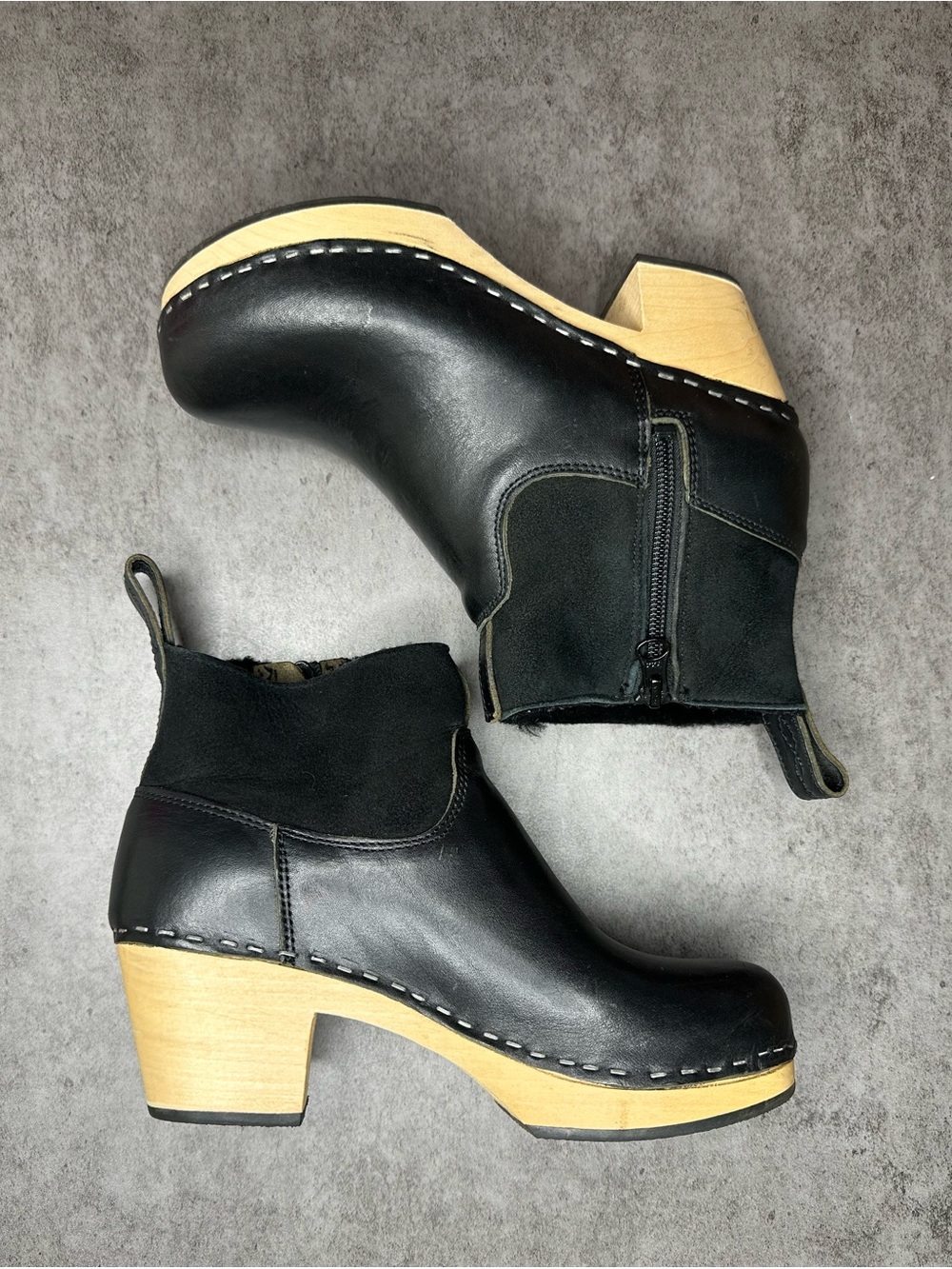Swedish Hasbeens Black Leather & Suede Clog Boot with Natural Wood Heel